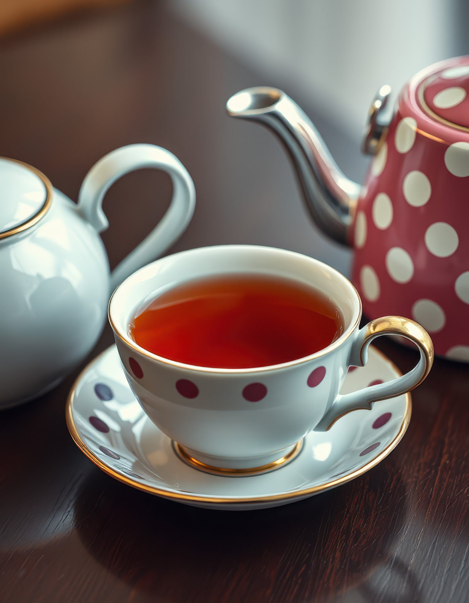 Elegant tea set with polka dot patterns served on a wooden table during afternoon tea time